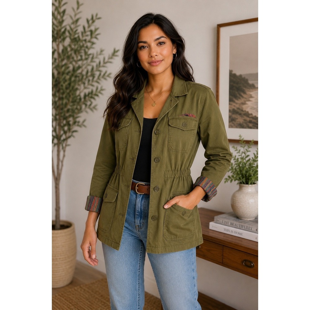 Billabong Olive Green Utility Jacket Cinched Waist Cargo Military Size SP